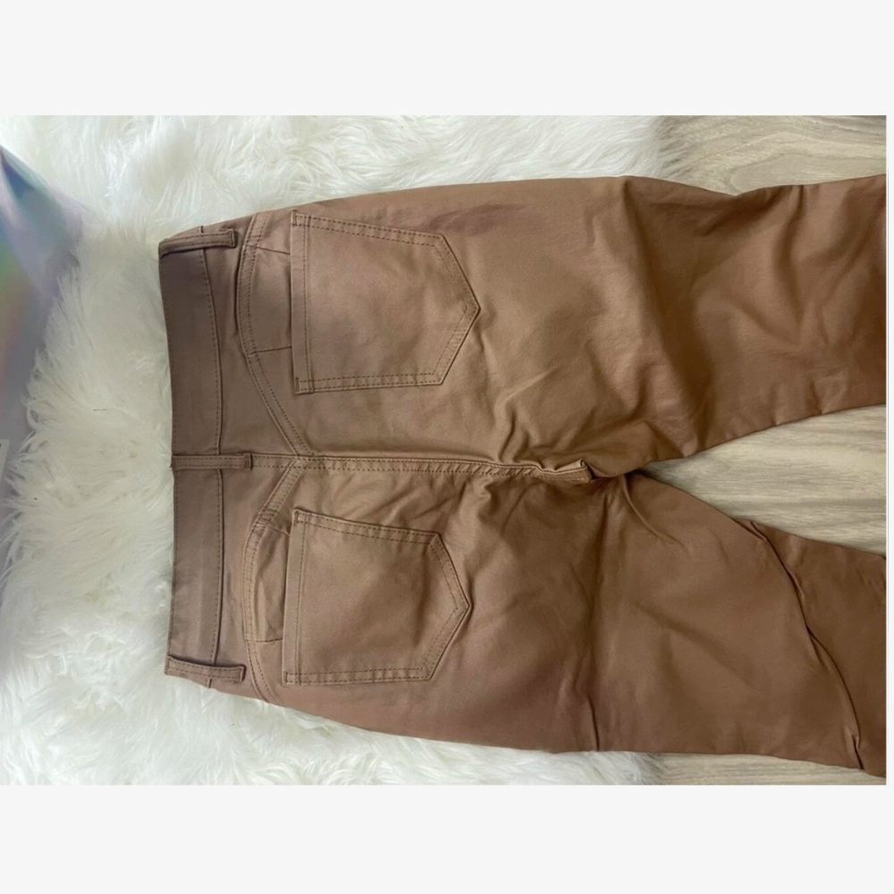Tan Faux Leather Wax Coated Jeans Flared Leg Bell Bottom High Waist - Picture 9 of 15